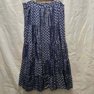 Soft Surroundings Maxi Skirt Size L Blue White Metallic Tiered Smocked Boho